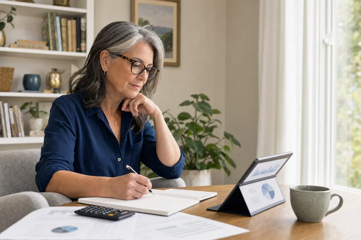 A woman building her financial knowledge while reviewing a retirement plan